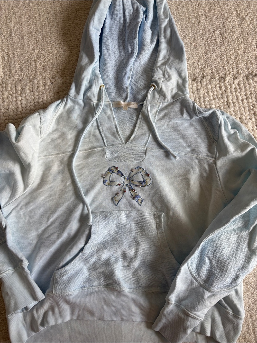 Love Shack Fancy Light Blue Women's Hoodie Sweater with Bow Embroidery Size L